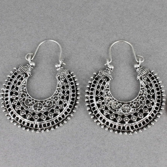 Silver Intricate Filigree Lace Earrings India Huggie Hoops Bohemian Aesthetic - Picture 6 of 8